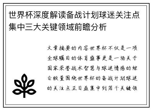 世界杯深度解读备战计划球迷关注点集中三大关键领域前瞻分析